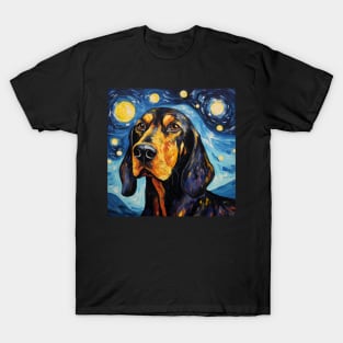 Black and Tan Coonhound Painted in Starry Night style T-Shirt